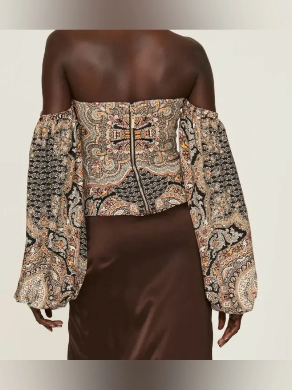 Bronx & Banco Off-Shoulder Paisley Print Blouson Sleeve Top Black & Brown Size 6